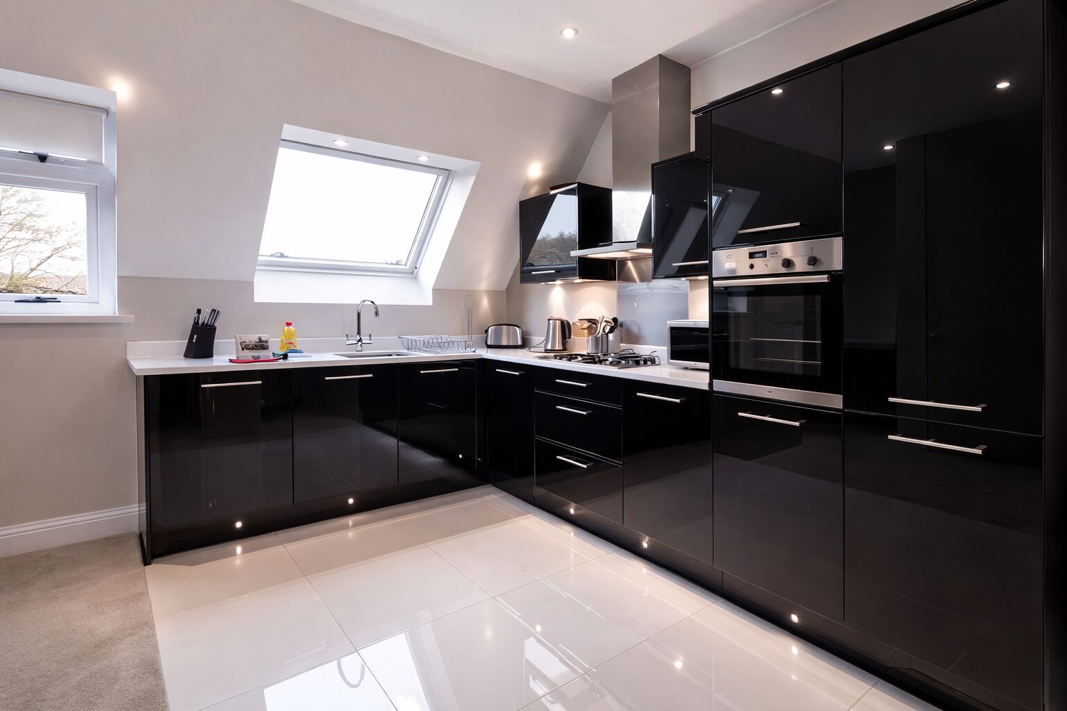 Full-sized fridge, microwave, oven, dishwasher