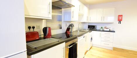 Full-size fridge, microwave, oven, dishwasher