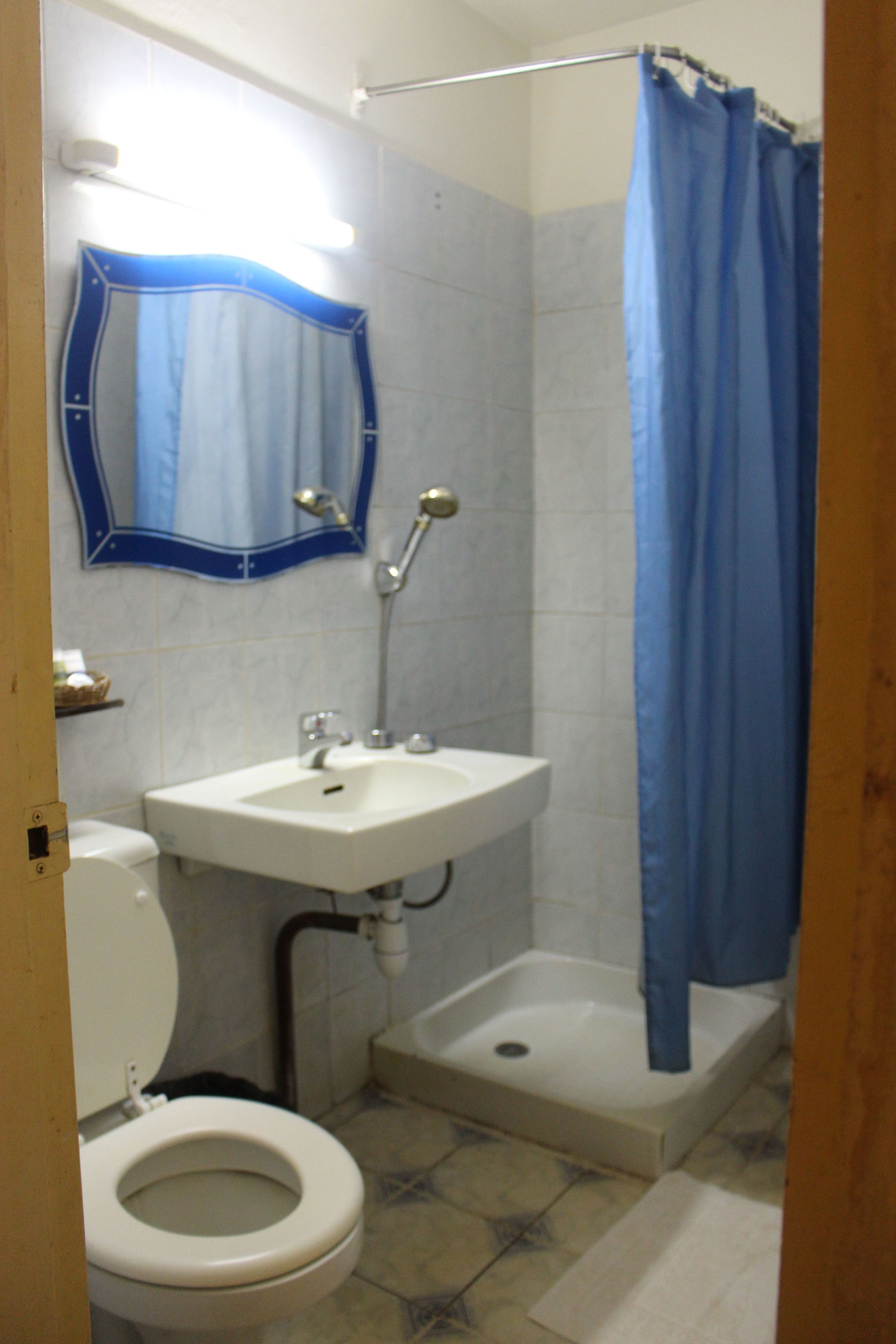 Une salle de bain équipée de toilettes, d’un lavabo et d’une douche.