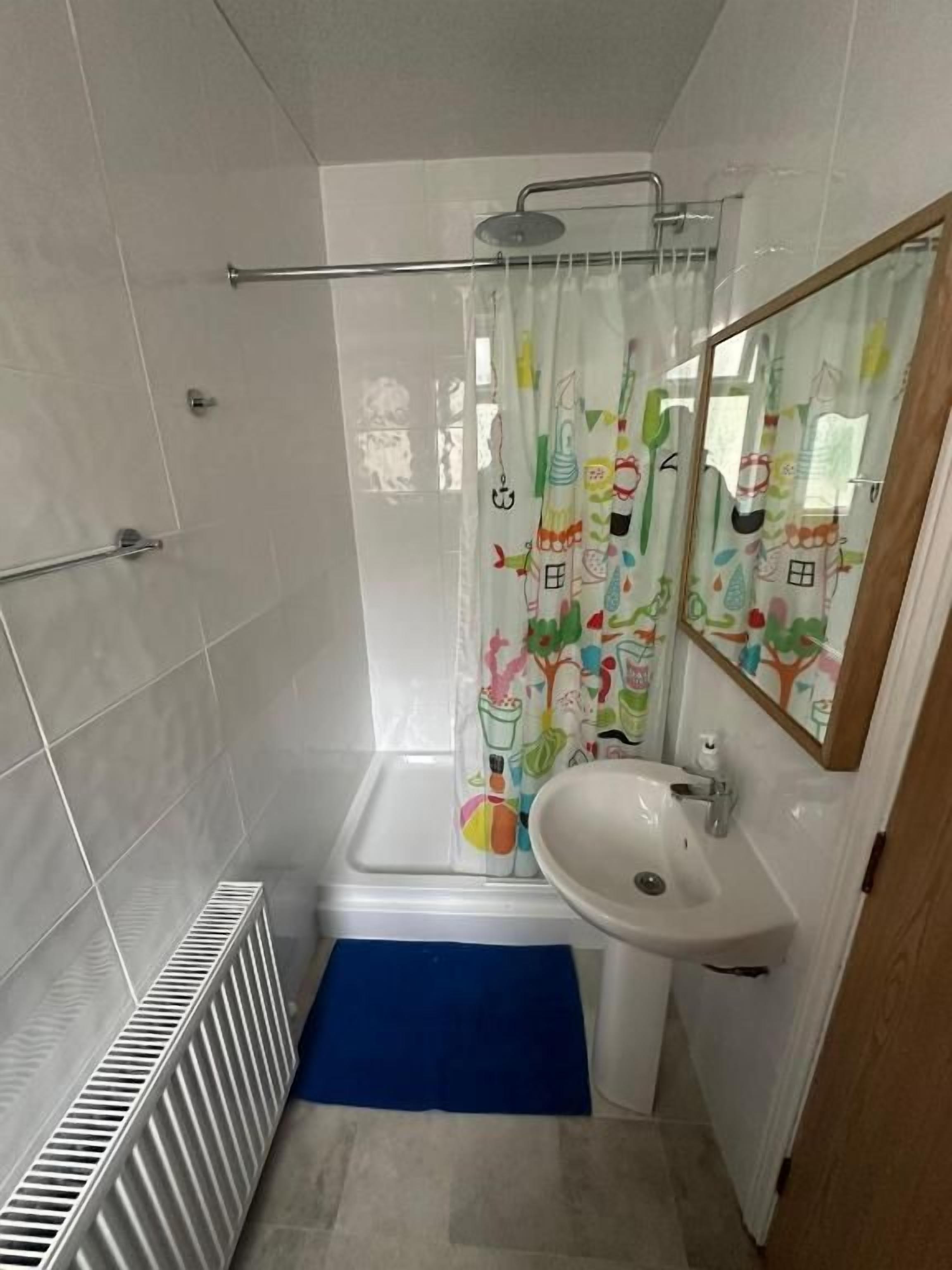 Une salle de bain avec une douche, un lavabo, un miroir et un tapis bleu sur le sol.
