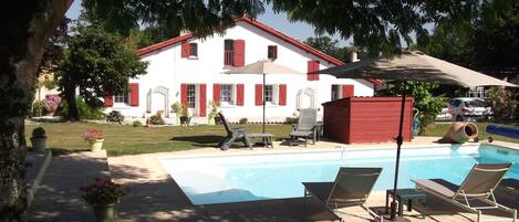 Seasonal outdoor pool, pool umbrellas, pool loungers