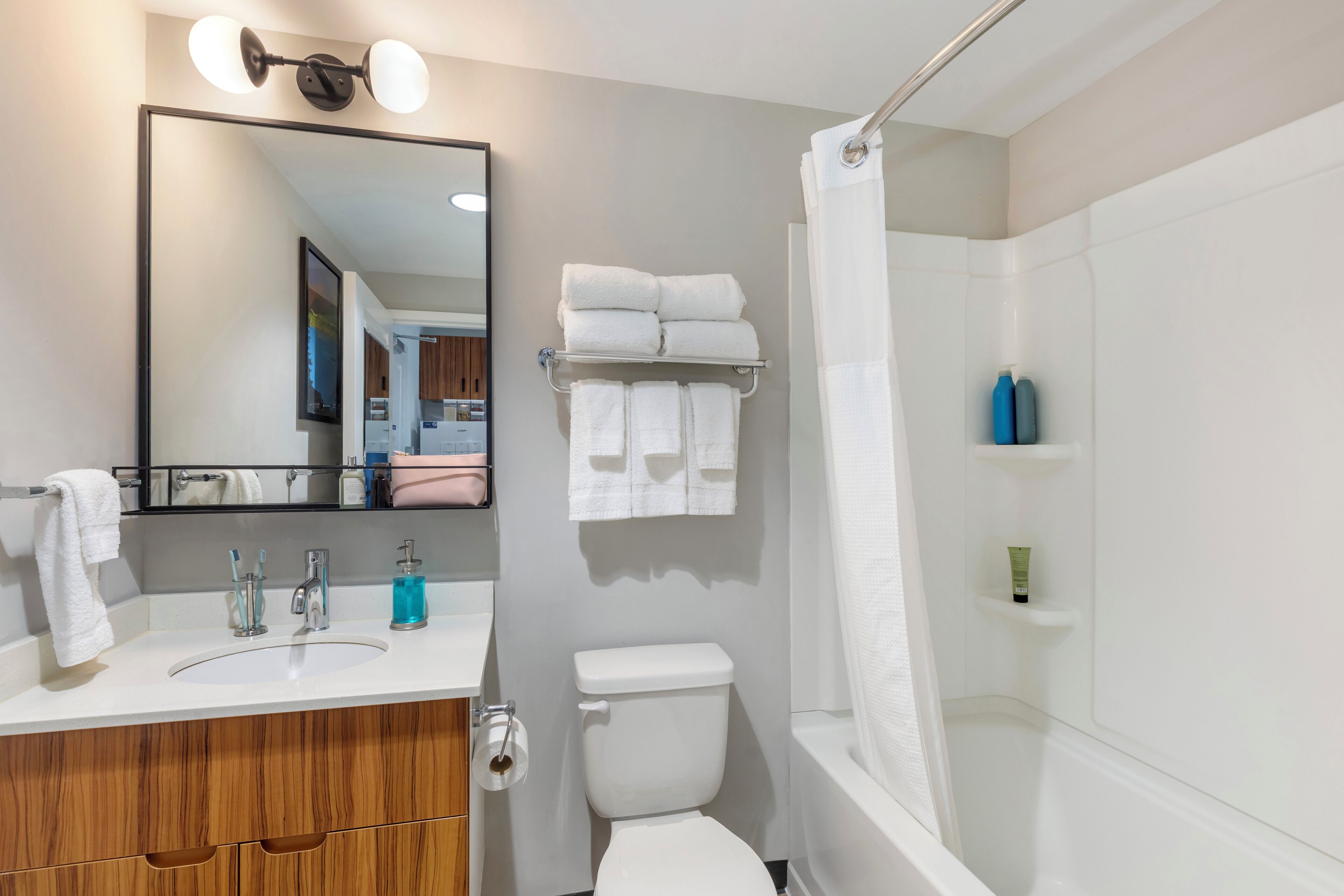 studio suite, 2 queen beds, non smoking, kitchen | bathroom | shower, free toiletries, hair dryer, towels