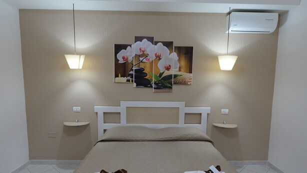 Habitación de hotel con cama, dos mesitas de noche, aire acondicionado de pared y un cuadro de orquídeas.
