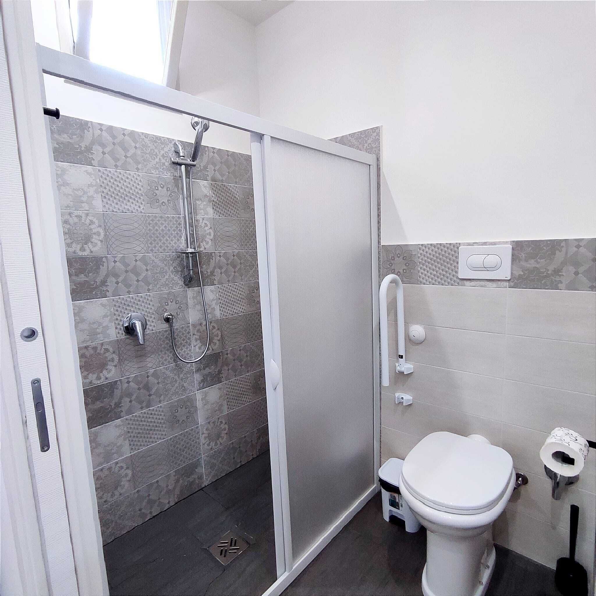 Ein modernes Badezimmer mit Dusche, Toilette und Handläufen.