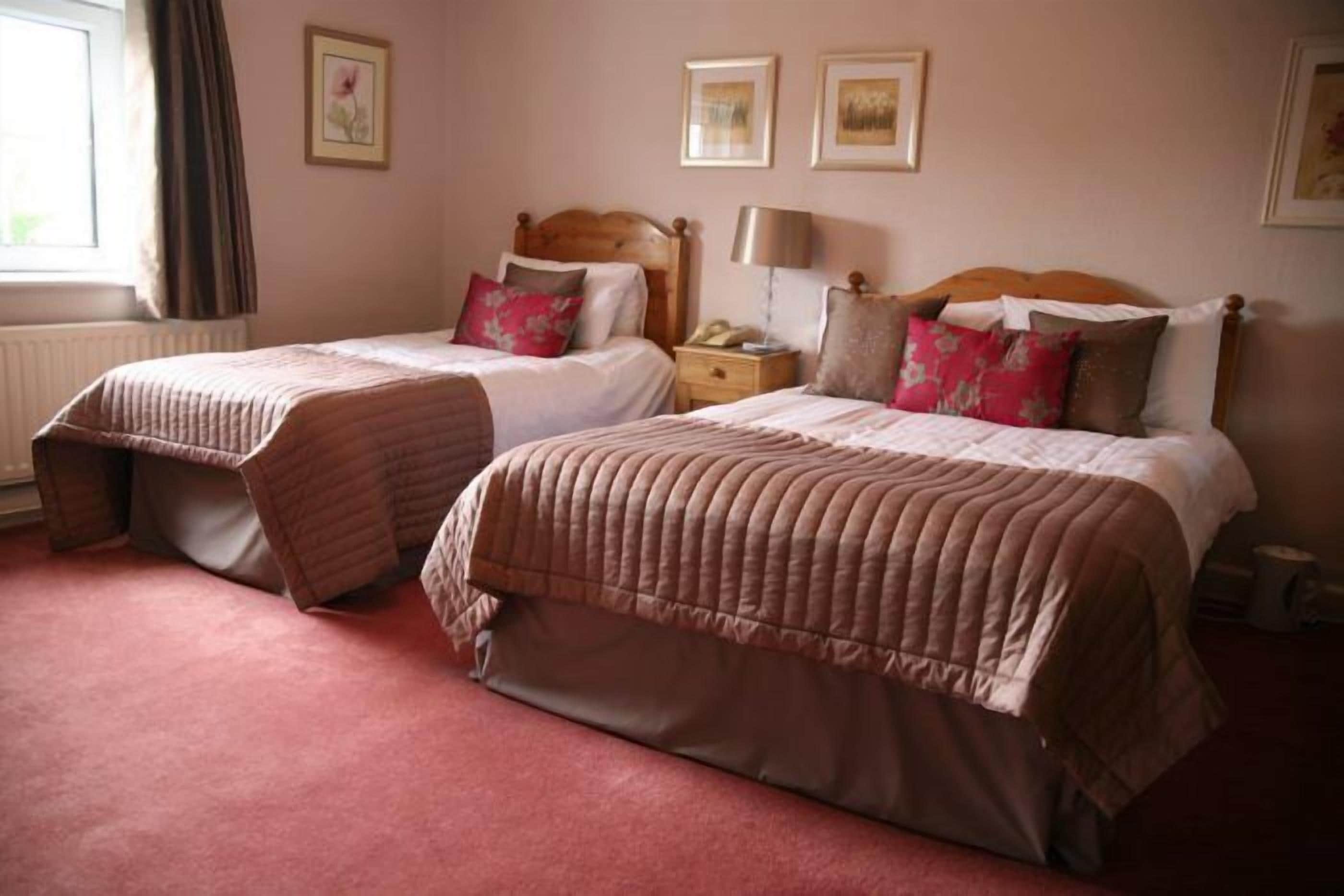 Een hotelkamer met twee bedden, elk voorzien van een houten hoofdeinde, een nachtkastje en een lamp.