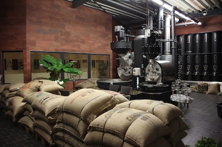 A warehouse-style room with stacks of sacks, industrial equipment, and a brick wall.