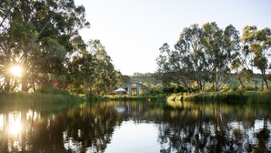 A modern house with a glass facade, surrounded by a natural landscape with trees and a body of water. - Glenlowren - A magical haven in the Yarra Valley (Dixons Creek)
