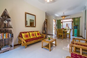 Smart TV, fireplace, DVD player, books