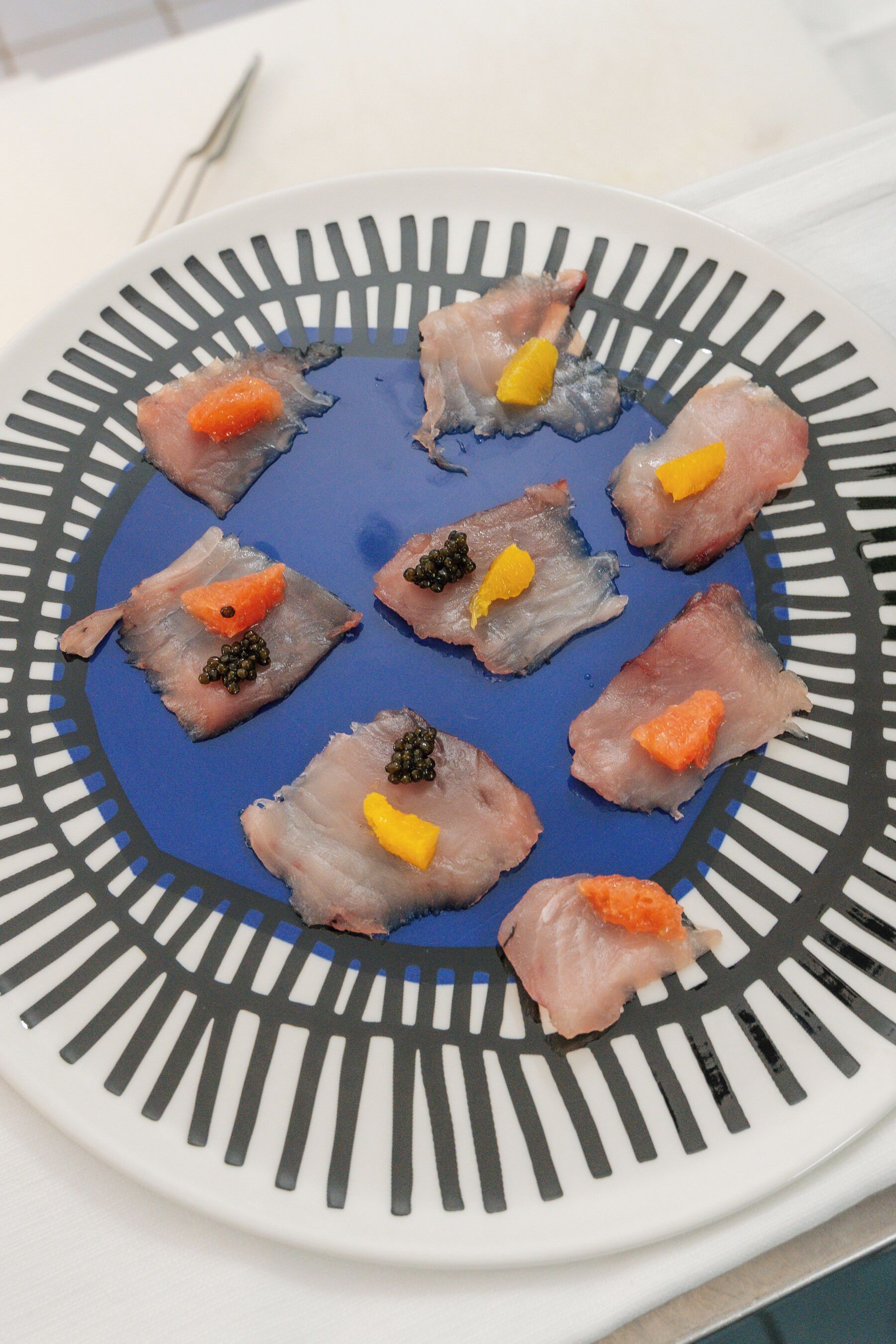 A plate with food items.