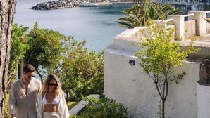 A coastal view with a rocky cliff, a white building with a balcony, and a palm tree. - Apollon Club (Serrara Fontana)