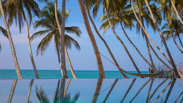 A pool with reflections of palm trees and a hammock, surrounded by a clear blue sky and calm sea.