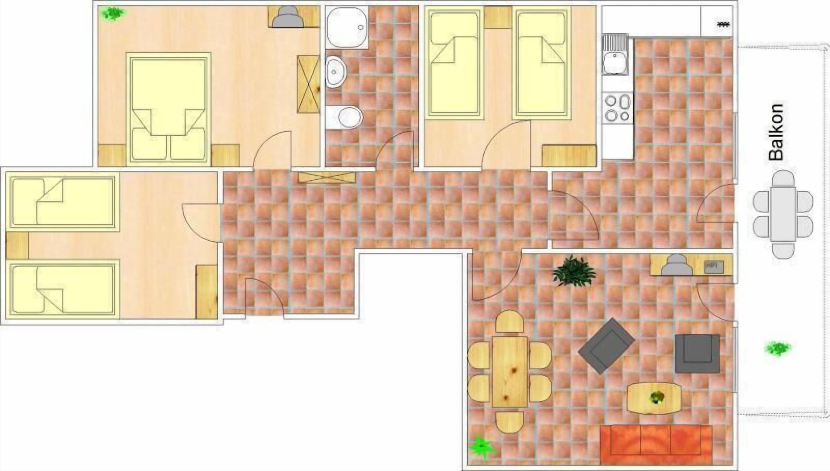 A floor plan of a hotel with a balcony, a kitchen, a dining area, and two bedrooms.