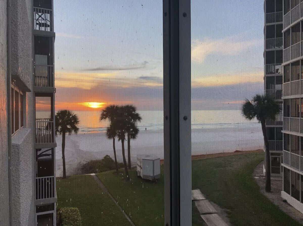 A view of a sunset over the ocean from a balcony with a grassy area and palm trees in the foreground.