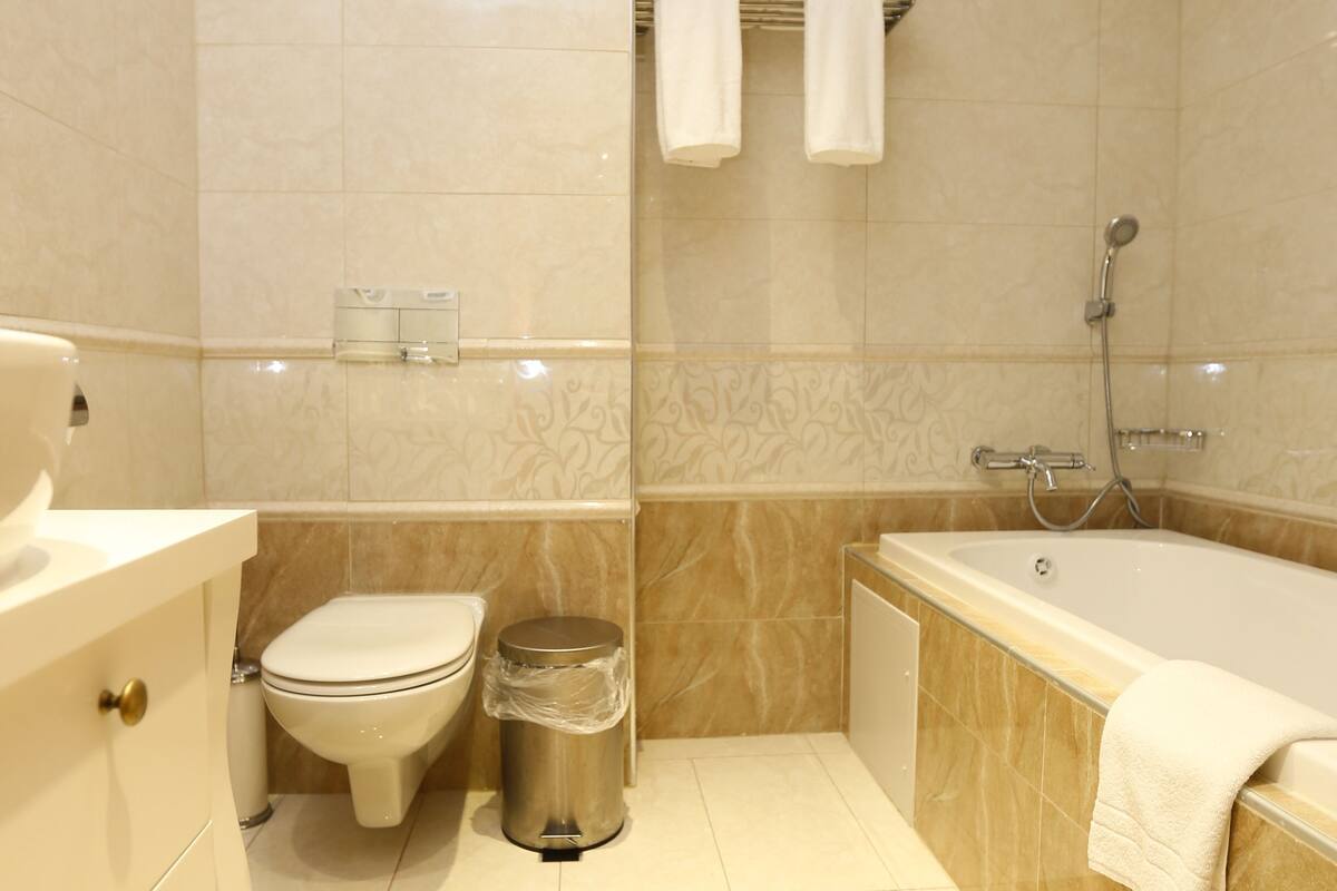 deluxe suite, non smoking | bathroom | hair dryer, towels, soap, shampoo