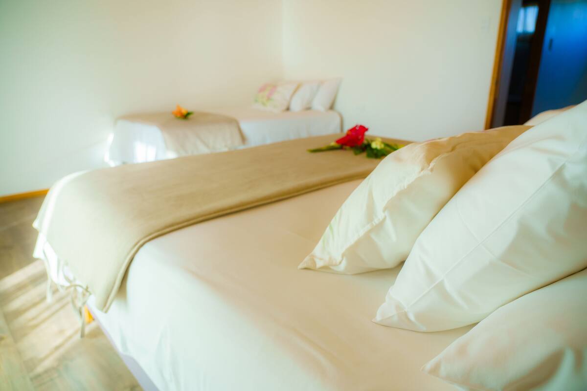 A hotel room with a large bed, a smaller bed in the background, and a red flower on the bed.