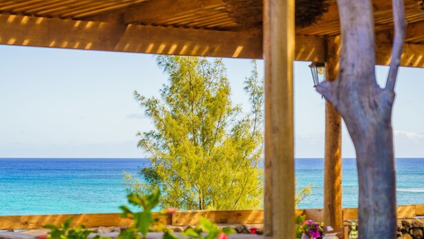 Een houten pergola met uitzicht op een strand en een helder zicht op de oceaan.
