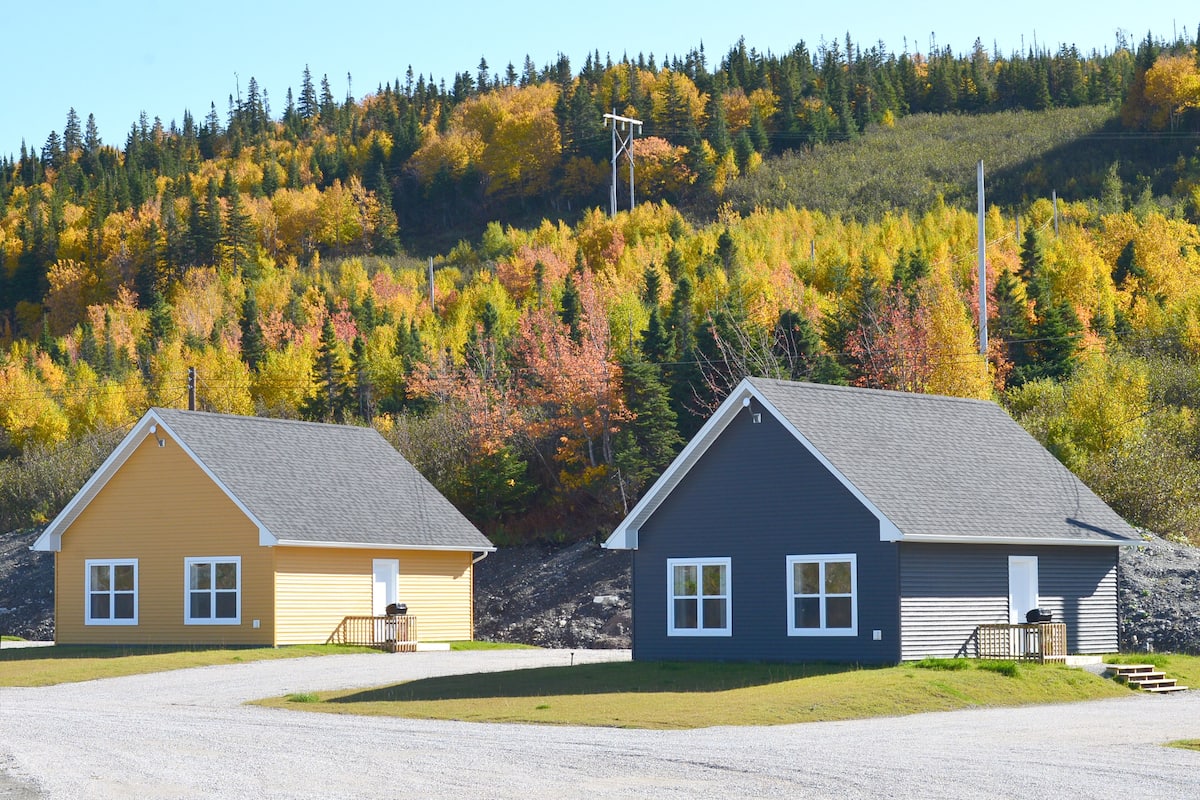 Duas casas térreas com telhados triangulares, um caminho de entrada de brita e uma encosta arborizada ao fundo.