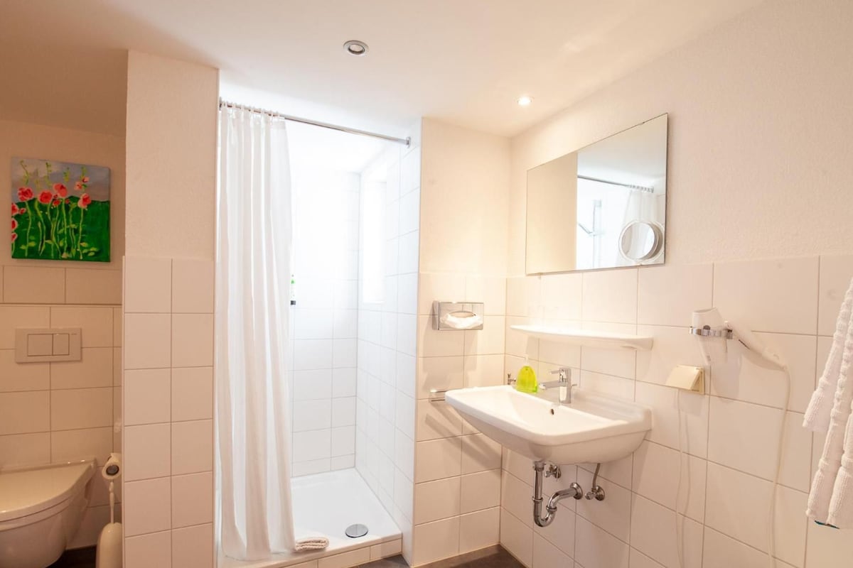 Un baño moderno con ducha, inodoro y lavabo.