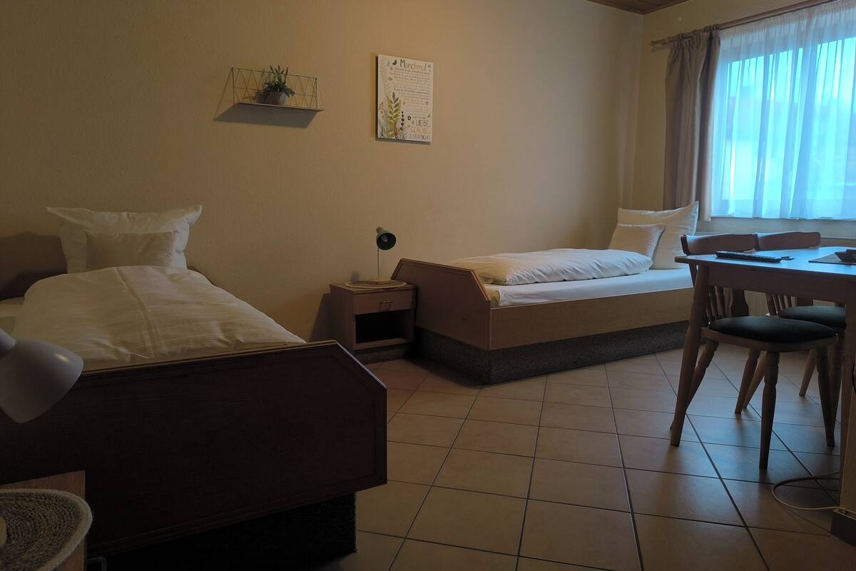 A hotel room with two beds, a desk, and a chair. There is a window with curtains, a wall-mounted shelf with a plant, and a framed picture on the wall.