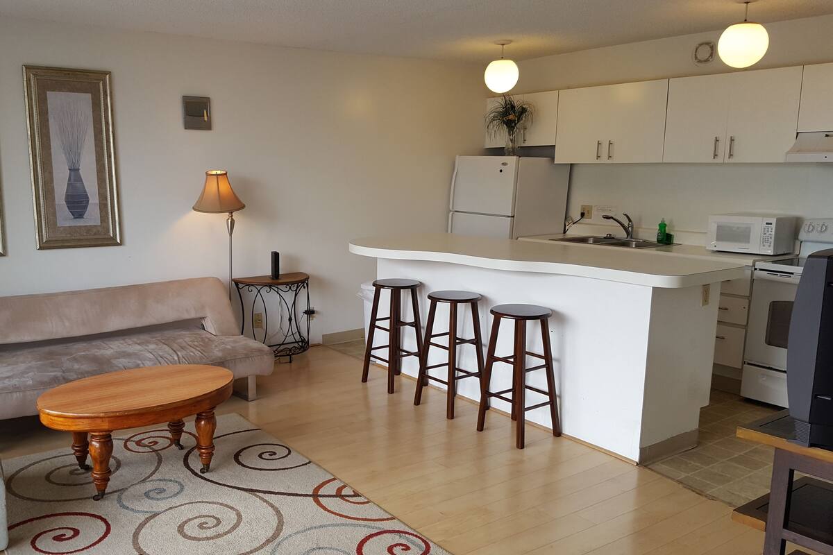 Un espacio habitable compacto con sofá, una mesita de centro de madera, una pequeña cocina con microondas y un taburete de bar.