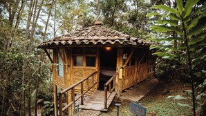Una cabaña rústica de madera con techo de tejas, rodeada por un bosque denso.