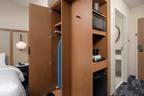 Desk, blackout curtains, soundproofing, iron/ironing board