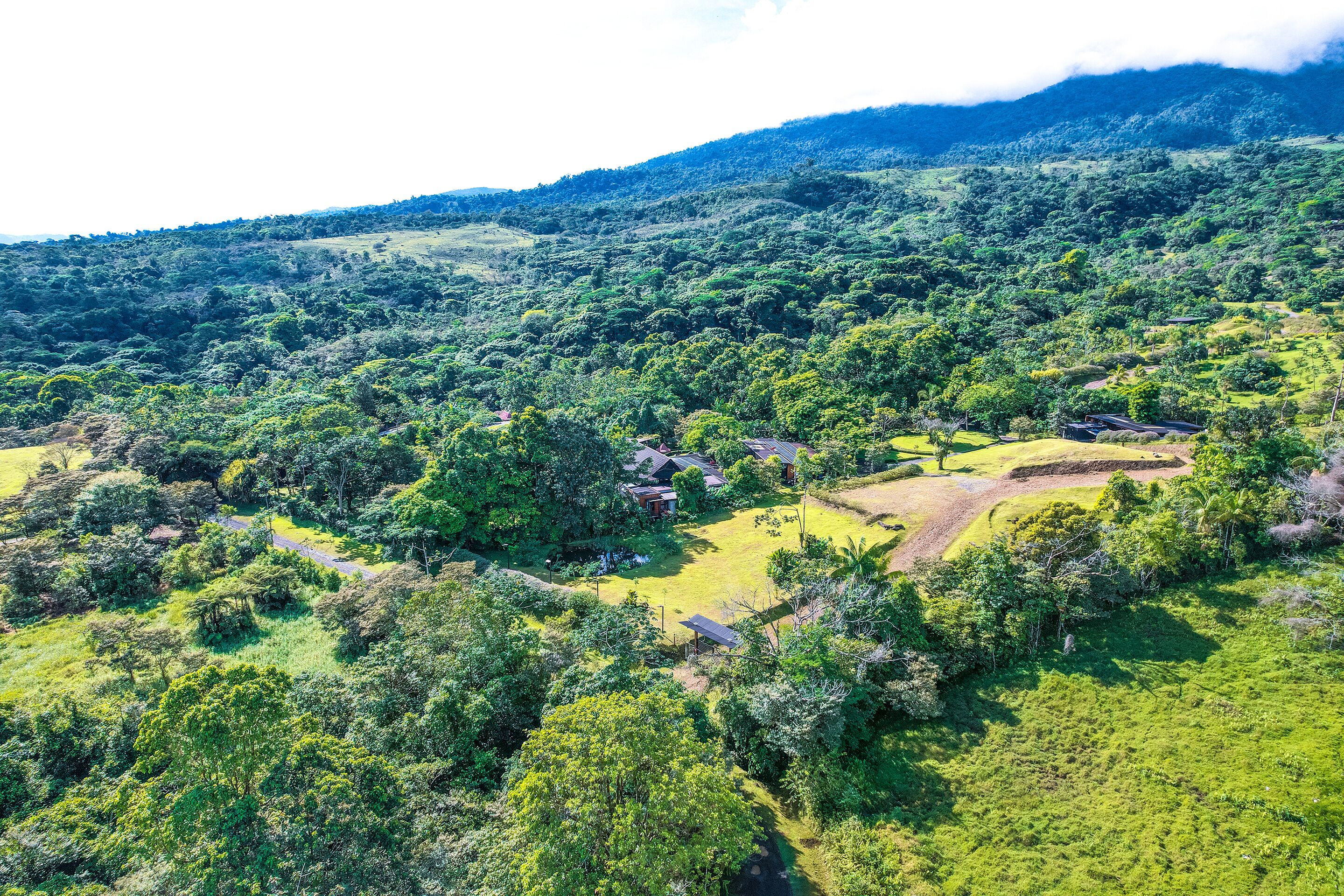 A lush, green landscape with scattered buildings, likely a rural or natural setting.