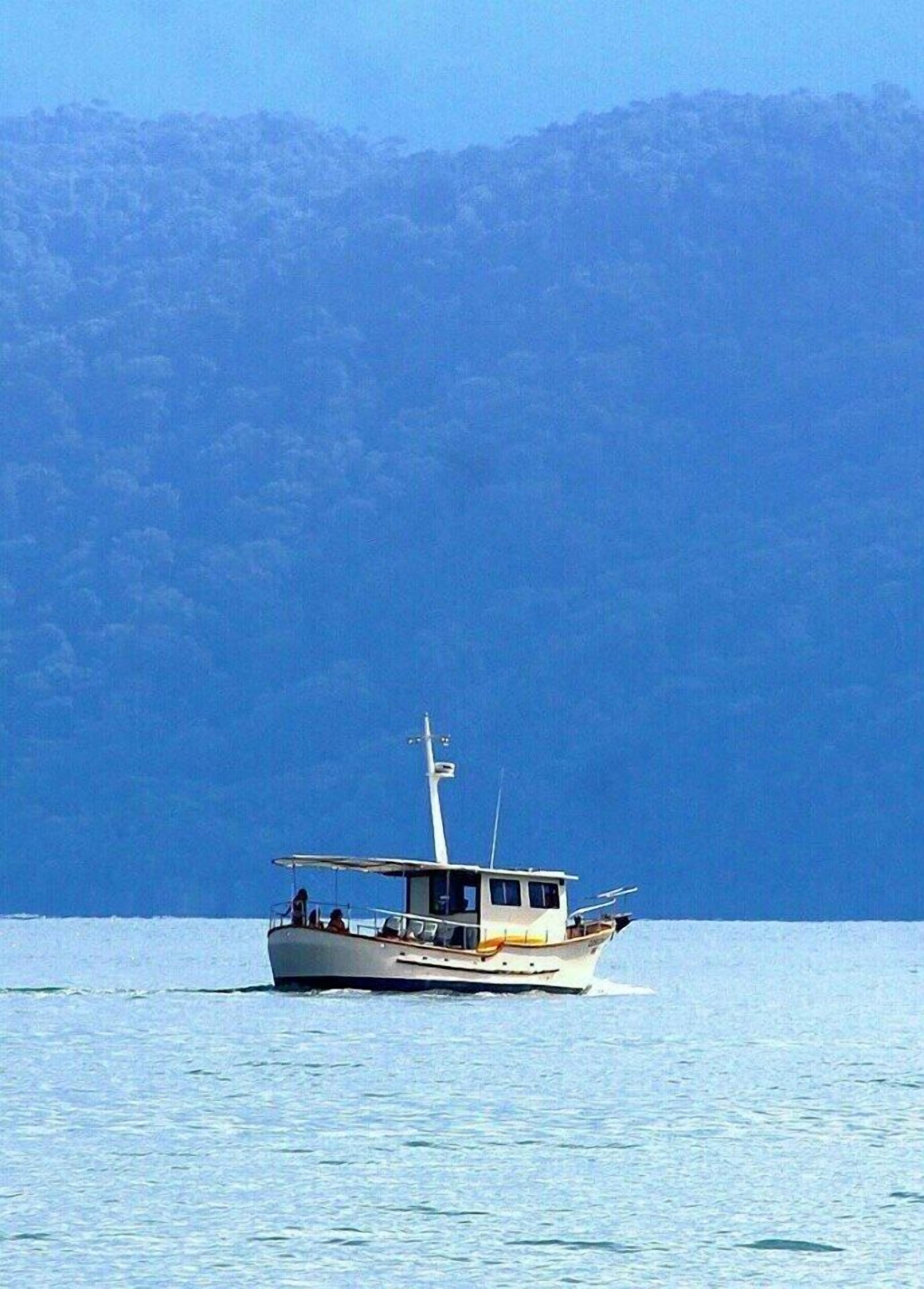 A boat on calm water with a forested mountain in the background.