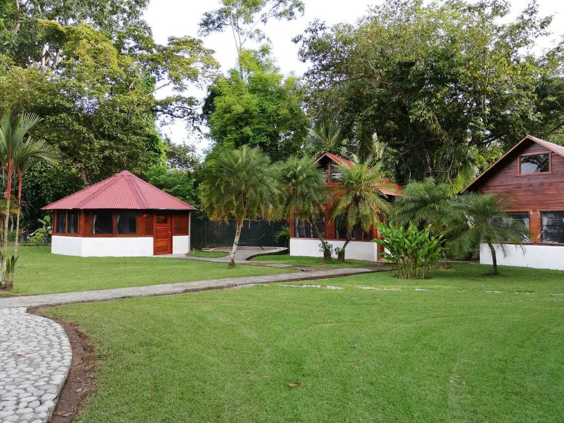 A building with a red roof and white walls, surrounded by lush greenery and palm trees.