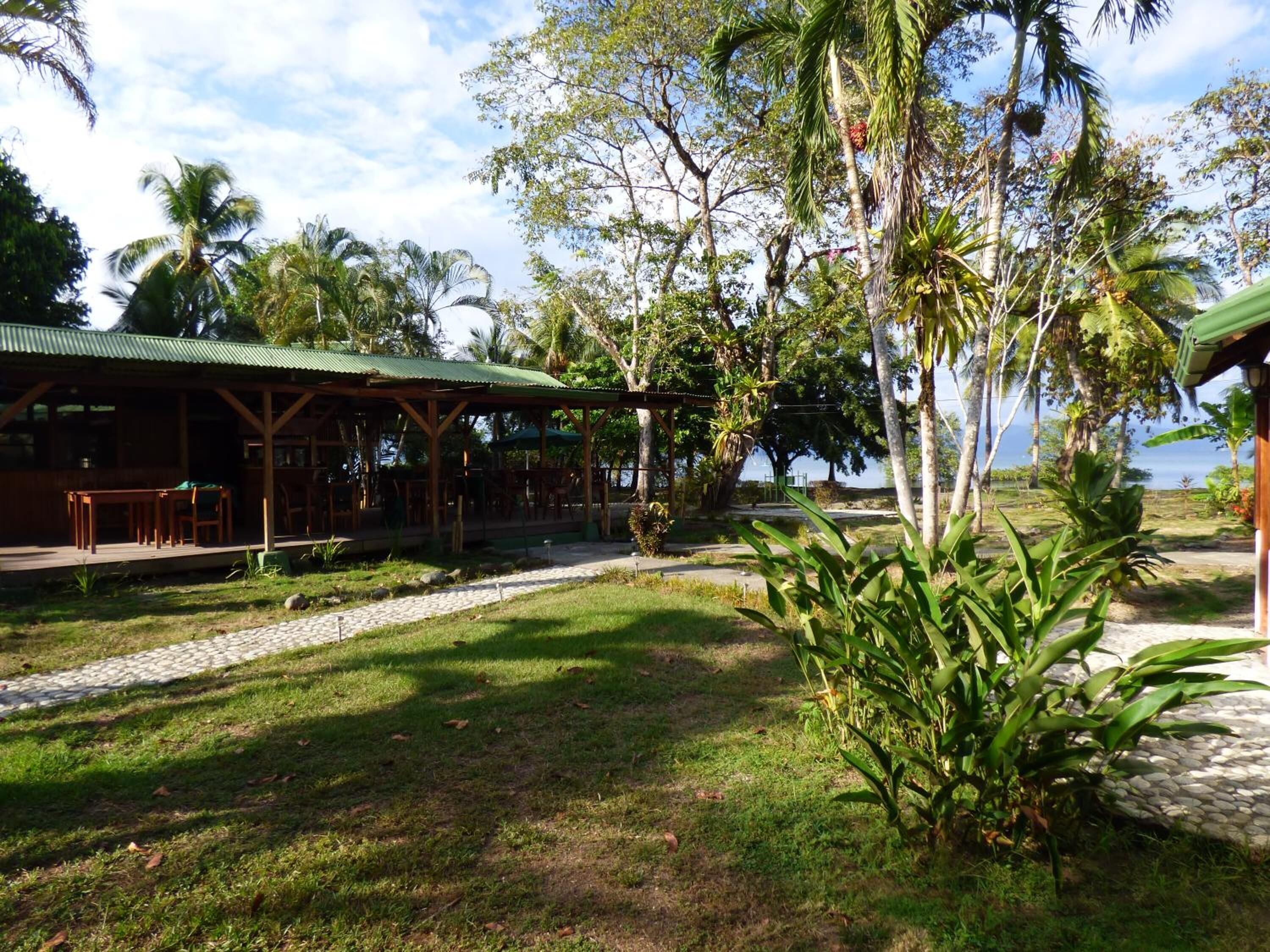 A wooden building with a green roof, surrounded by lush greenery and palm trees.