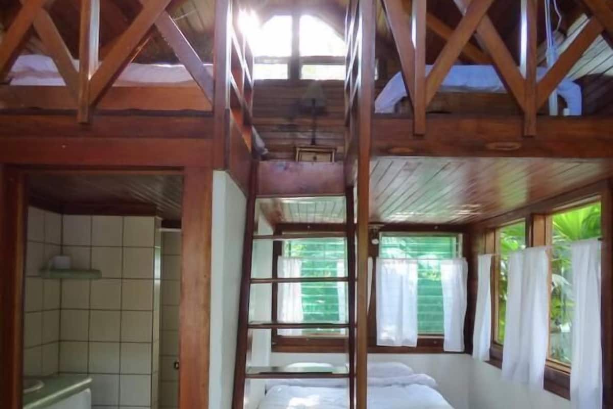 A room with a wooden ceiling, a bunk bed, a bathroom with a toilet, and a window with curtains.