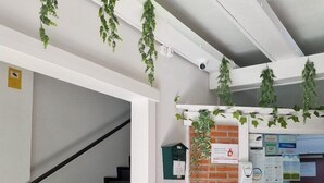 Un escalier avec une rampe métallique, une poubelle et un panneau d’affichage où sont accrochées diverses annonces.