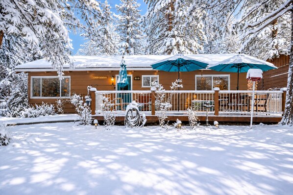 A cabin with a covered deck, snow-covered trees, and a clear sky.