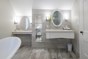 The Sunken Suite | Bathroom | Shower, rainfall showerhead, designer toiletries, hair dryer