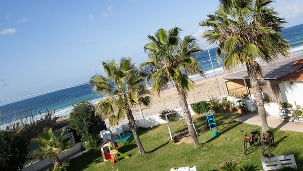 Une plage avec des palmiers, une balançoire et une petite maison de jeu.