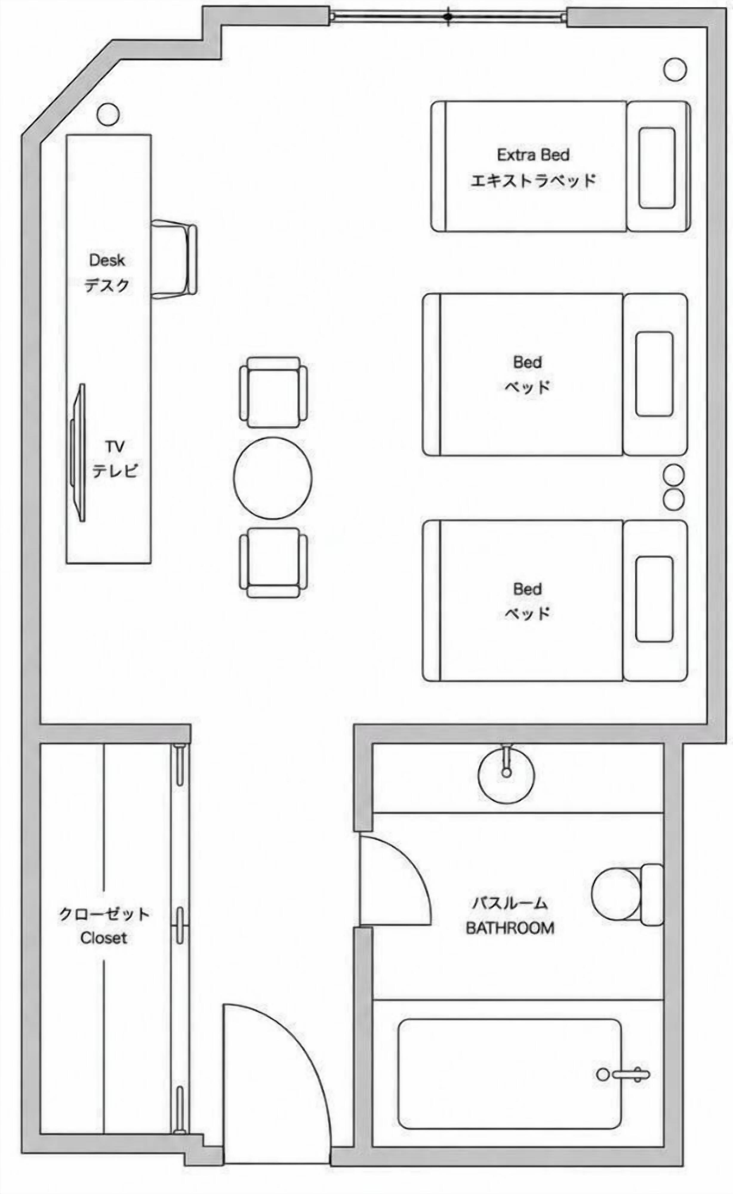 A floor plan with a desk, TV, two beds, a closet, and a bathroom.
