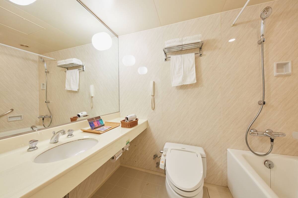 separate bathtub and shower, free toiletries, hair dryer, slippers