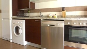 Eine Küche mit Waschmaschine, Geschirrspüler, Backofen und Edelstahl-Schränken.