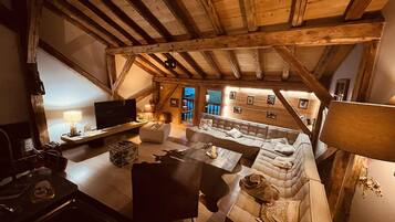 Télévision, cheminée, lecteur de DVD, livres