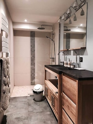 Shower, hair dryer, towels, toilet paper