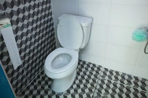 A bathroom with a toilet, patterned floor tiles, and a shower area.