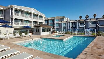 Outdoor pool, pool umbrellas, pool loungers
