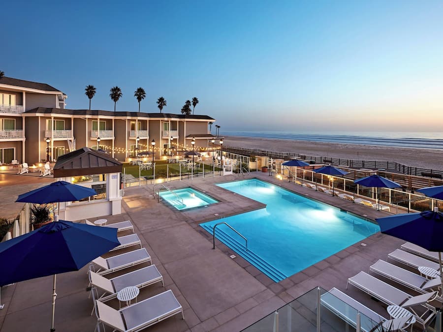 Outdoor pool, pool umbrellas, pool loungers