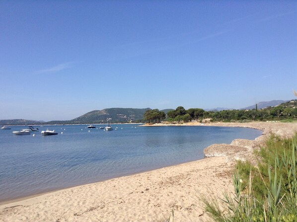 On the beach, sun loungers