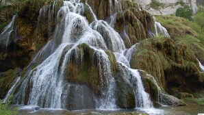Una cascada escalonada rodeada de vegetación exuberante.