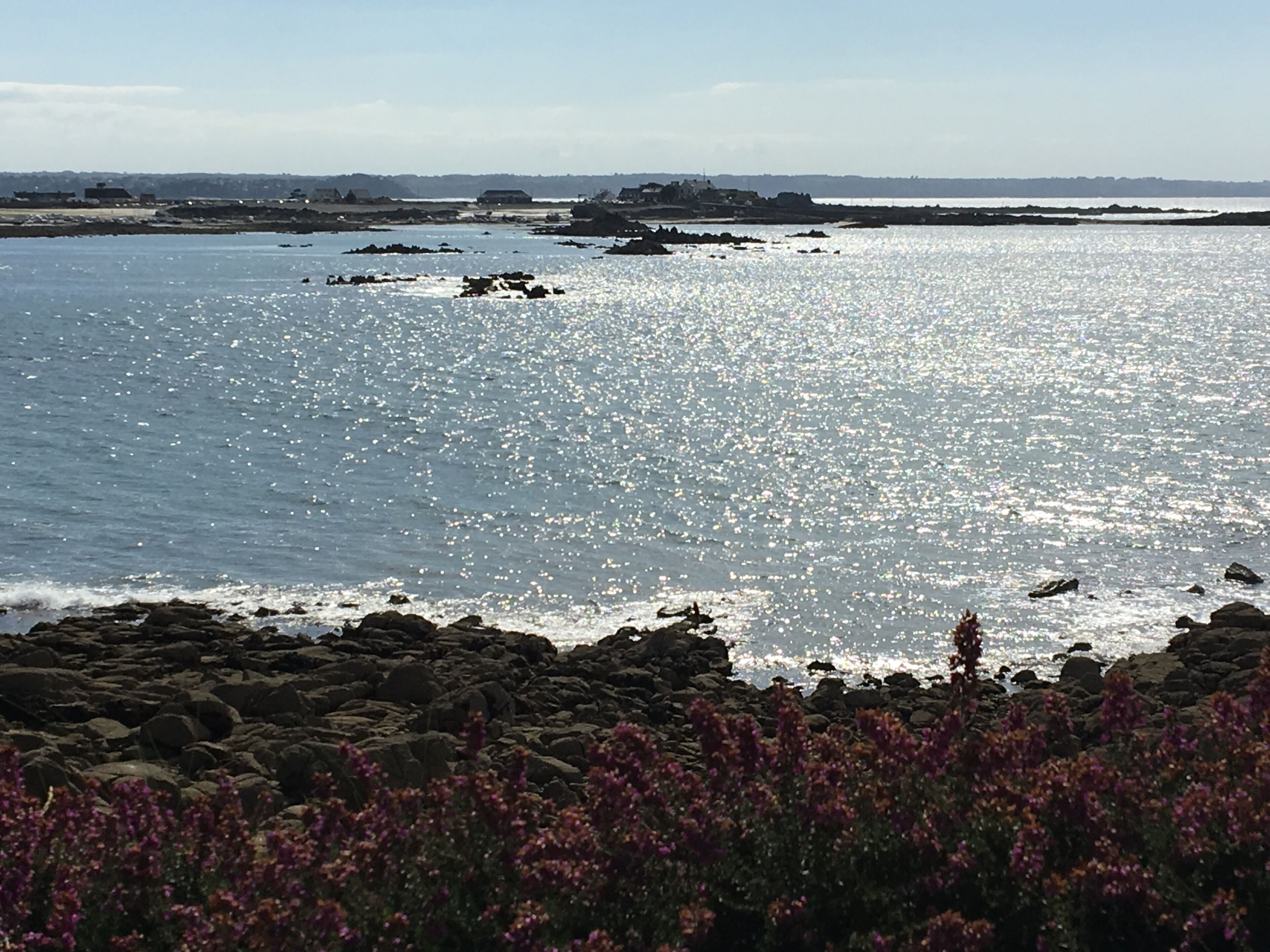 A coastal landscape with rocky shores and a body of water reflecting sunlight.