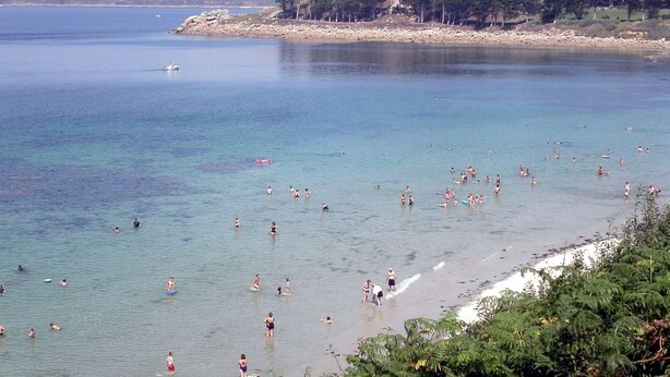 A beach with clear water, people swimming and surfing, and a forested hill in the background. - VERY COMFORTABLE HOUSE EXCEPTIONAL VIEW SEA - GRAND GARDEN CLOS 8 people  (Trédrez-Locquémeau)