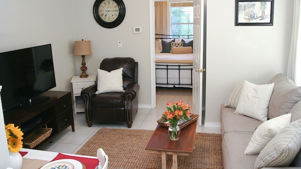 A living room with a television, a leather armchair, a sofa, and a coffee table with flowers. - Walk .4 Miles to Texas A&M Campus and Aggie Park, Private Entry /Covered Parking (College Station)