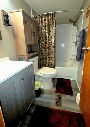 Combined shower/tub, hair dryer, towels, soap - Arbor Lake Getaway 2, just minutes from Wisconsin Dells (Lyndon Station)