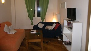 Ein Wohnzimmer mit einer Couch, einem Couchtisch, einem Fernseher auf einem Schrank und einem Bücherregal.